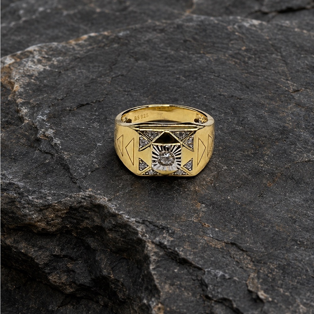 Men's Gold over 925 Sterling Silver Signet Ring with Center Stone CZ Size 9.5 - Picture 5 of 17